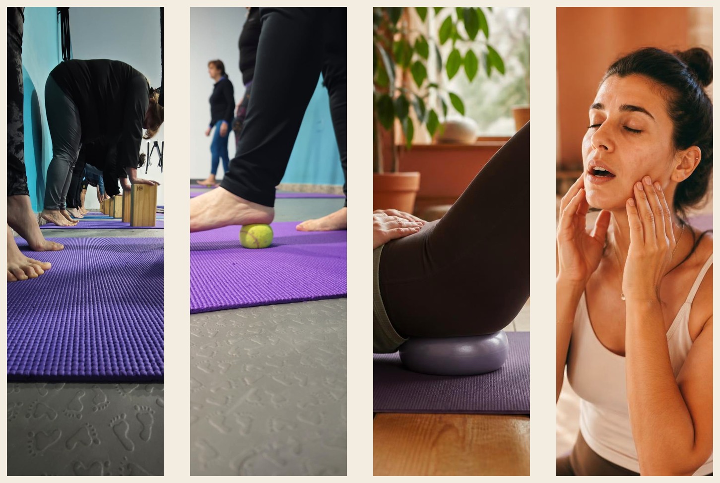 Collage de prácticas del taller: apoyos con bloques, pelota bajo el pie, piso pélvico y trabajo de mandíbula